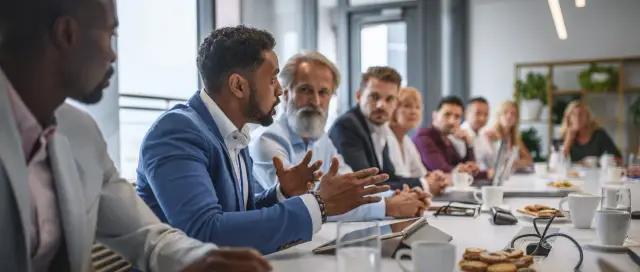 A community bank leadership team meeting around a boardroom table